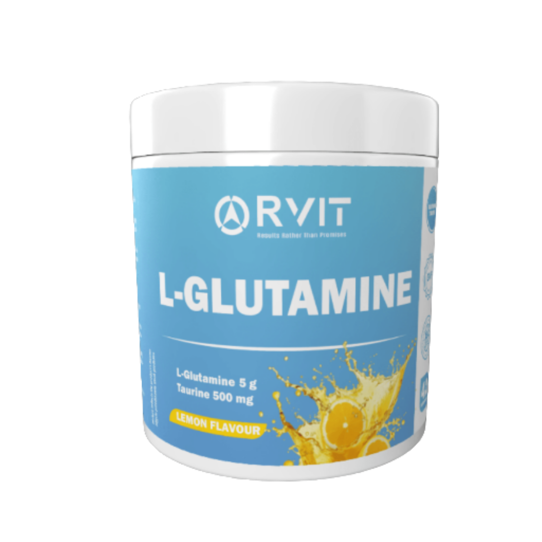 RVIT L-Glutamine Lemon Flavour dietary supplement powder with taurine 500g container packaging