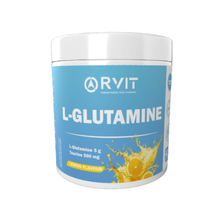RVIT L-Glutamine Lemon Flavour dietary supplement powder with taurine 500g container packaging