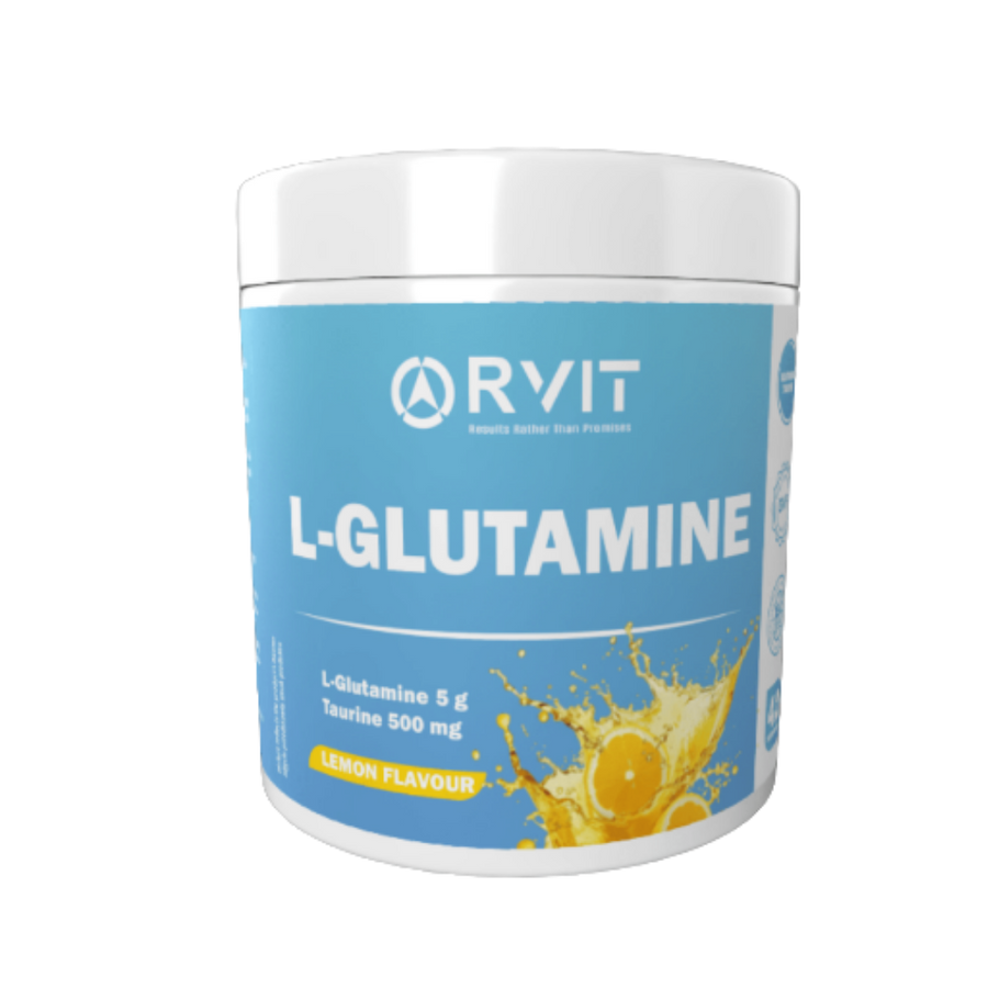 RVIT L-Glutamine Lemon Flavour dietary supplement powder with taurine 500g container packaging