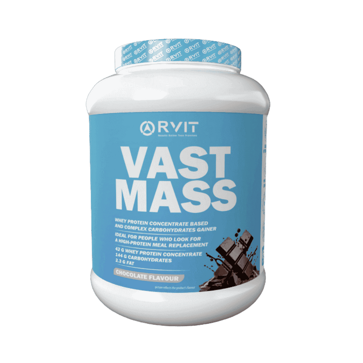 RVIT Vast Mass Chocolate Flavour mass gainer with whey protein concentrate and complex carbohydrates 3000g container packaging