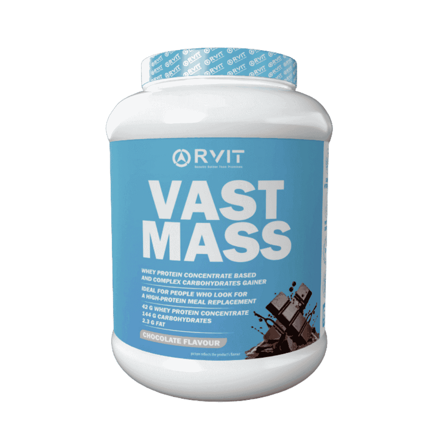 RVIT Vast Mass Chocolate Flavour mass gainer with whey protein concentrate and complex carbohydrates 3000g container packaging