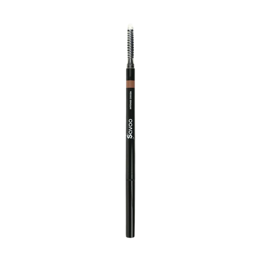 Savoo eyebrow pencil Intense Cocoa shade with spoolie brush and black casing