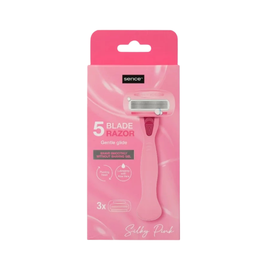 Sence 5 blade razor with pink handle, aloe vera strip, and gentle glide design, 3 piece pack.