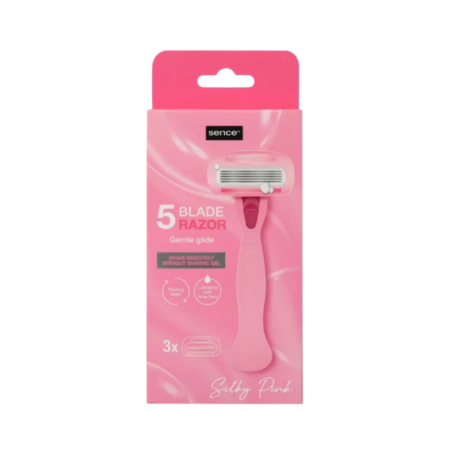 Sence 5 blade razor with pink handle, aloe vera strip, and gentle glide design, 3 piece pack.