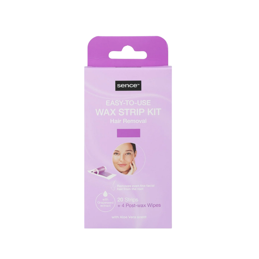 Sence Beauty face wax strip kit with purple packaging, 20 hair removal strips and post wax wipes.