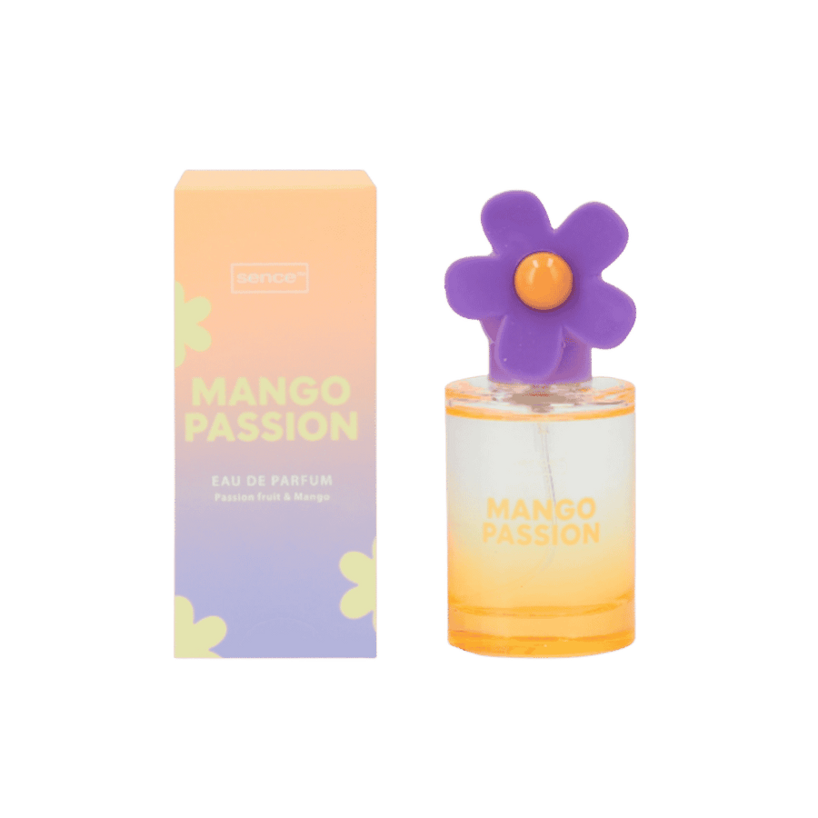 Sence Beauty Mango Passion Eau de Parfum perfume 30ml bottle with purple flower cap and gradient box packaging