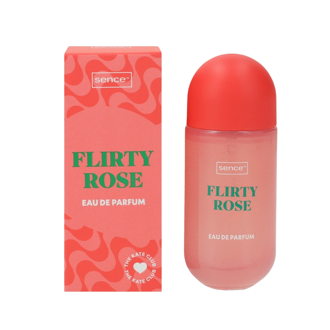 Sence Beauty Flirty Rose Eau De Parfum bottle with pink packaging, floral fragrance, and 30ml size.