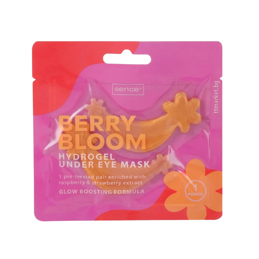 Sence Beauty Berry Bloom hydrogel under eye mask with pink packaging, raspberry and strawberry extract formula, 6ml.