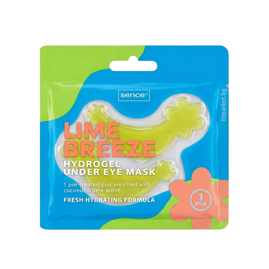 Sence Beauty Lime Breeze hydrogel under eye mask with blue packaging, coconut and lime extract formula, 6ml.