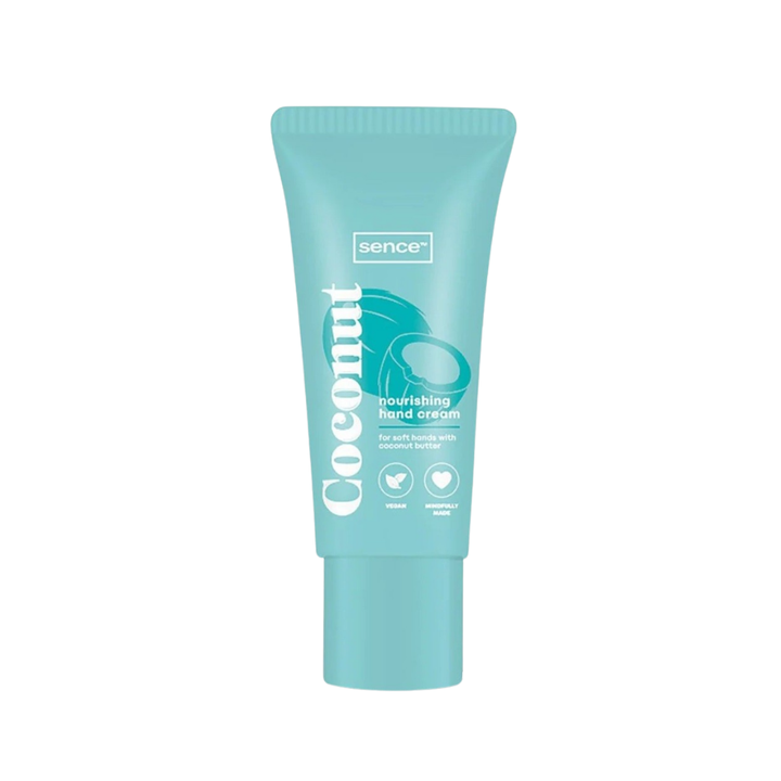 Sence Beauty moisturising hand cream tube with turquoise packaging and coconut butter design, 50ml.