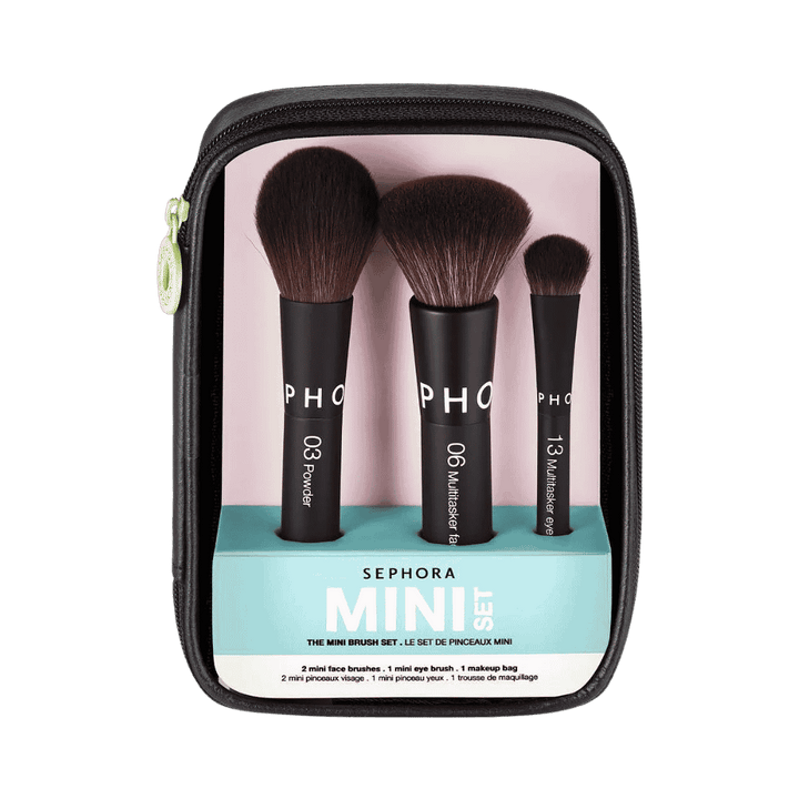 SEPHORA Mini Brush Set with three synthetic brushes in clear black travel pouch