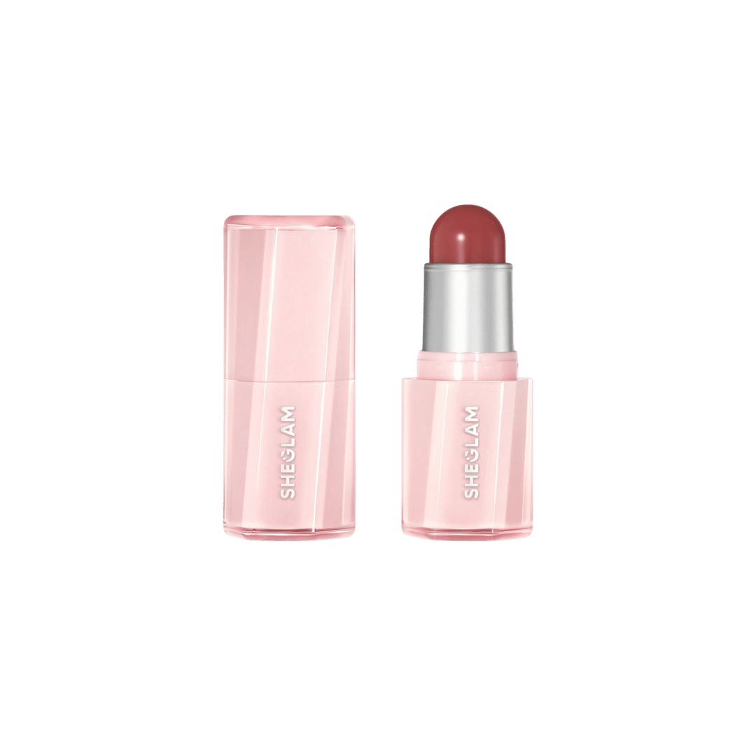 SHEGLAM cream blush stick in muted rose shade, pink rectangular tube with matching translucent cap.