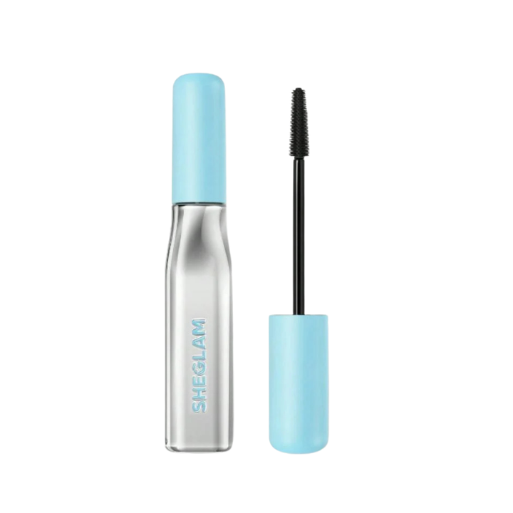 SHEGLAM Lash Lighter Natural Lengthening Mascara, black, 8ml, in a silver tube with light blue cap and wand.