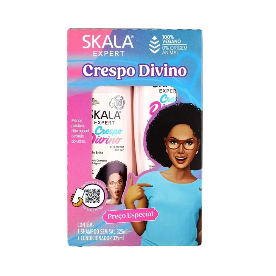 SKALA Crespo Divino shampoo and conditioner kit, two 325ml bottles in pink-blue illustrated box.