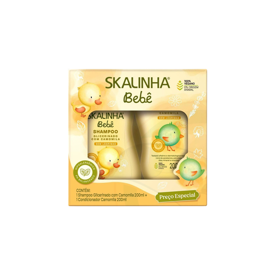 Skalinha Bebê Glycerin Shampoo and Conditioner set with Chamomile, 200ml each, tear-free formula, vegan, and dermatologically tested, in a special offer package.