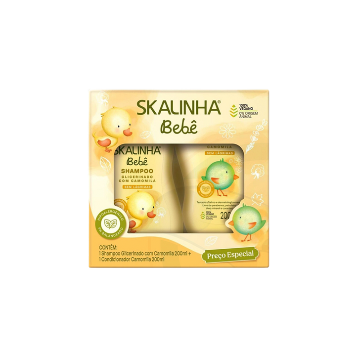 Skalinha Bebê Glycerin Shampoo and Conditioner set with Chamomile, 200ml each, tear-free formula, vegan, and dermatologically tested, in a special offer package.