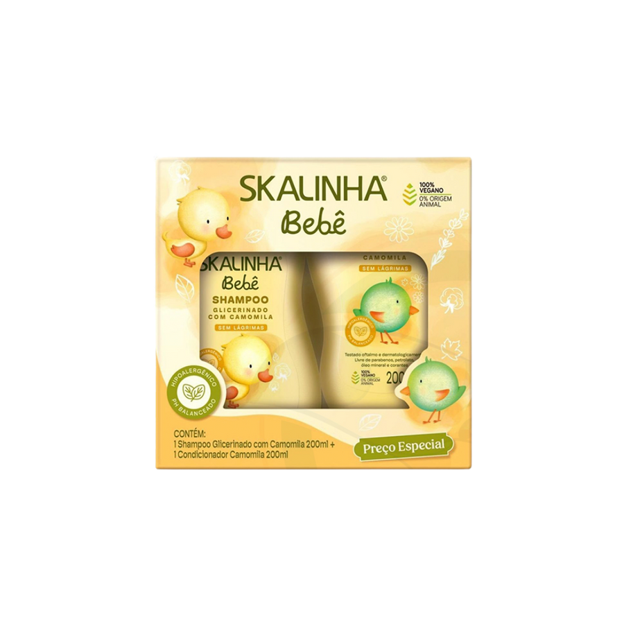 Skalinha Bebê Glycerin Shampoo and Conditioner set with Chamomile, 200ml each, tear-free formula, vegan, and dermatologically tested, in a special offer package.