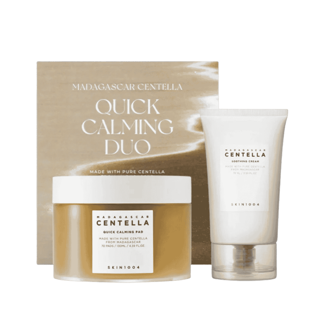 Skin1004 Madagascar Centella Quick Calming Duo set with 70 pads and 75ml soothing cream in box.