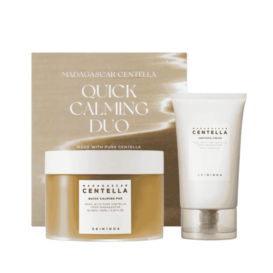 Skin1004 Madagascar Centella Quick Calming Duo set with 70 pads and 75ml soothing cream in box.