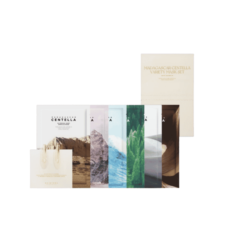 Madagascar Centella Variety Mask Set, multiple sheet masks with nature-inspired designs, included ampoules, cream-colored packaging, 608x605px 