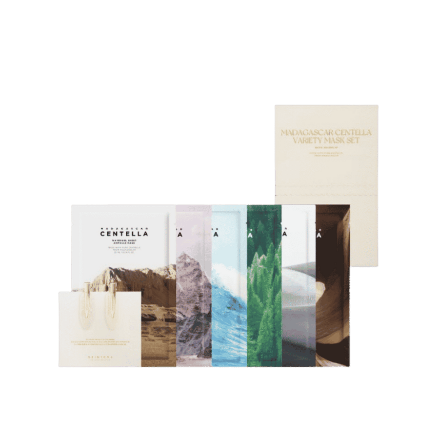 Madagascar Centella Variety Mask Set, multiple sheet masks with nature-inspired designs, included ampoules, cream-colored packaging, 608x605px 