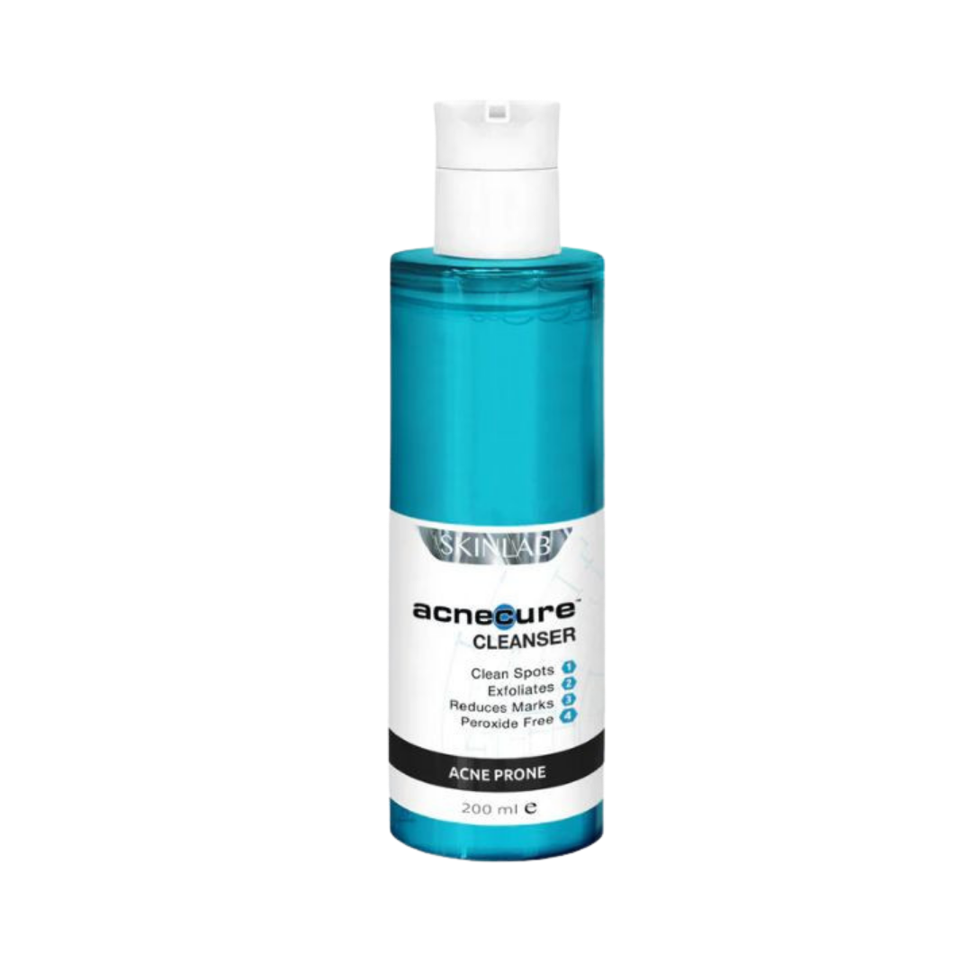 SKINLAB AcneCure Cleanser 200ml clear blue liquid bottle with white pump cap and labeled front
