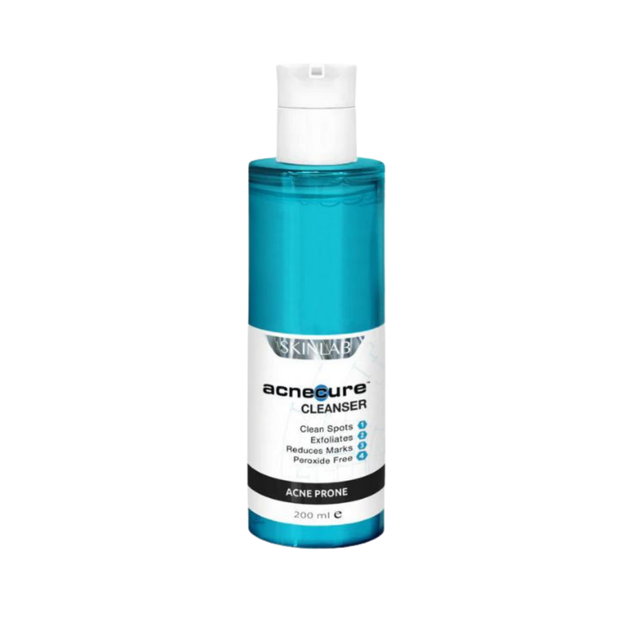 SKINLAB AcneCure Cleanser 200ml clear blue liquid bottle with white pump cap and labeled front