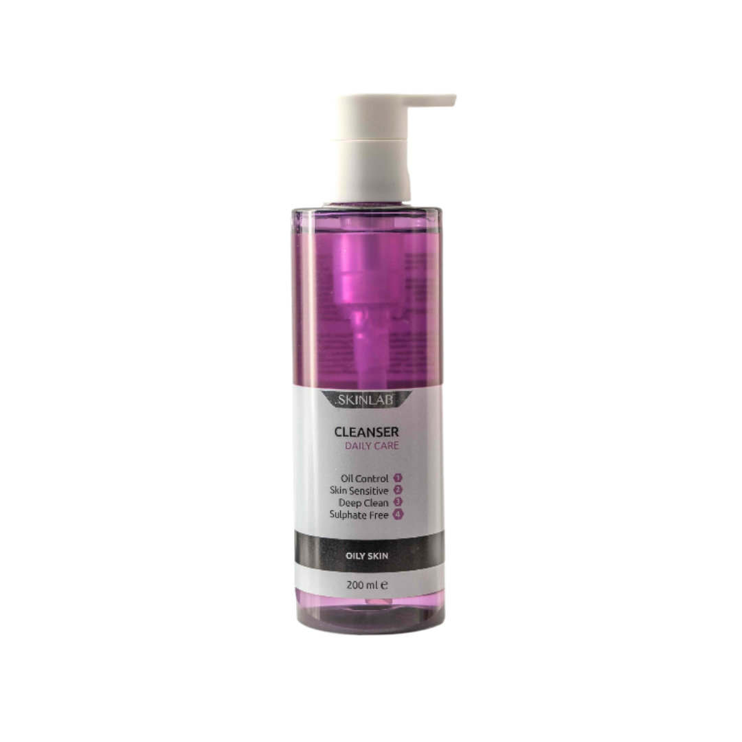 SkinLab Cleanser Daily Care, 200ml, formulated for oily skin with oil control, sensitive skin care, deep cleaning, and sulphate-free properties.