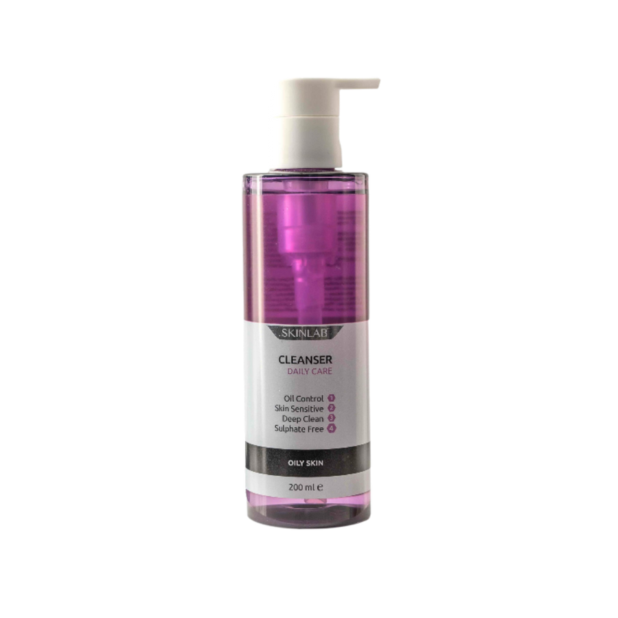 SkinLab Cleanser Daily Care, 200ml, formulated for oily skin with oil control, sensitive skin care, deep cleaning, and sulphate-free properties.