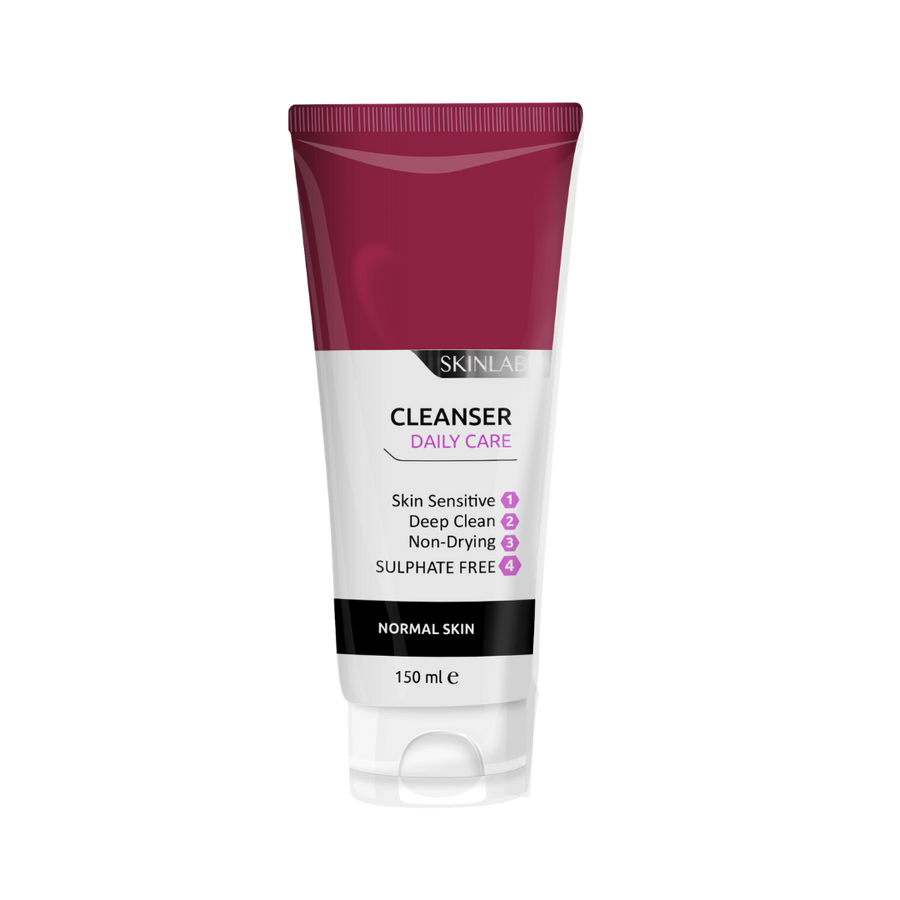 SKINLAB Daily Care cleanser tube, sulphate-free, normal skin, 150 ml, maroon and white flip-cap.
