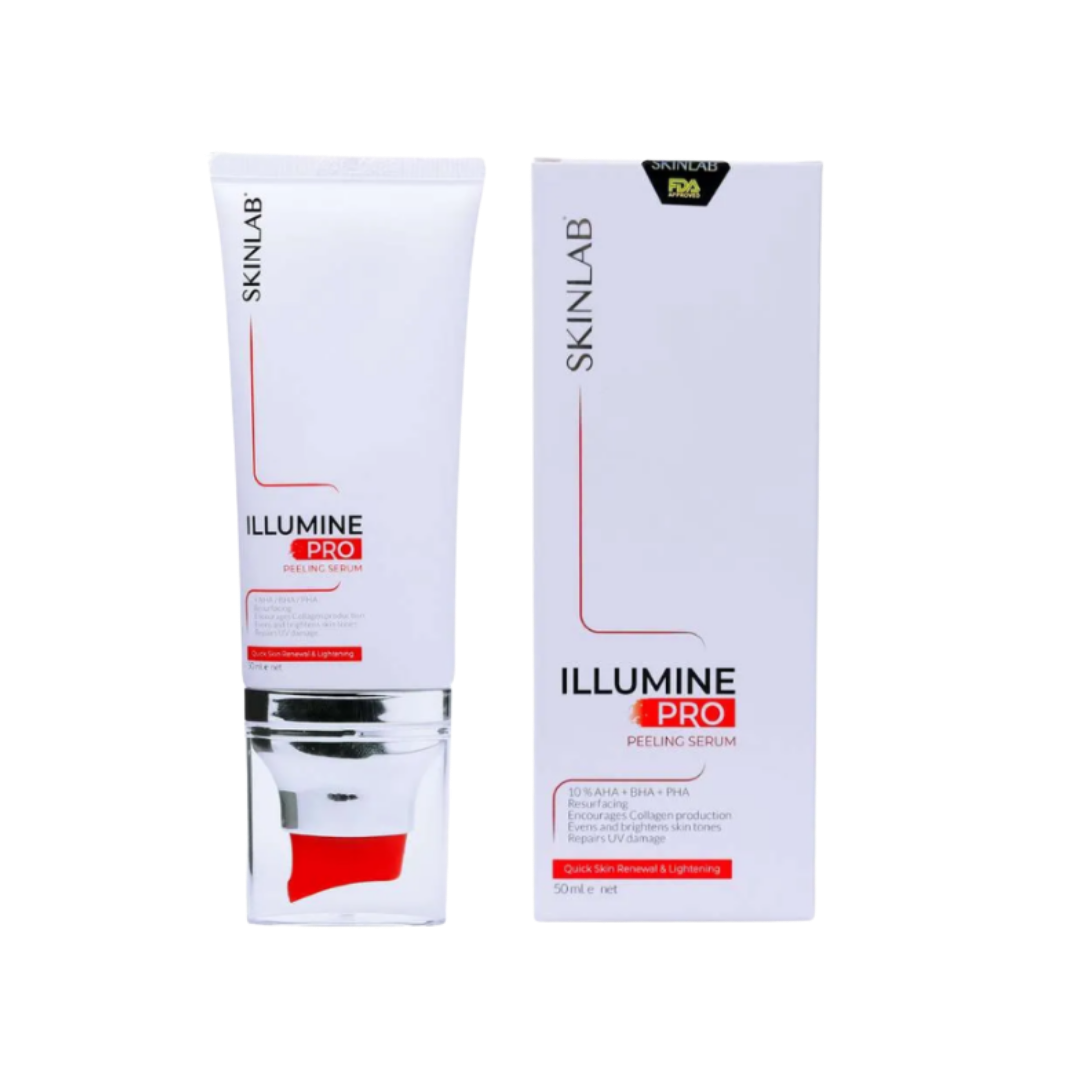 SkinLab Illumine Pro Peeling Serum, 50ml, contains 10% AHA, BHA, and PHA to encourage collagen production, renew skin, and brighten skin tone, repairing UV damage.