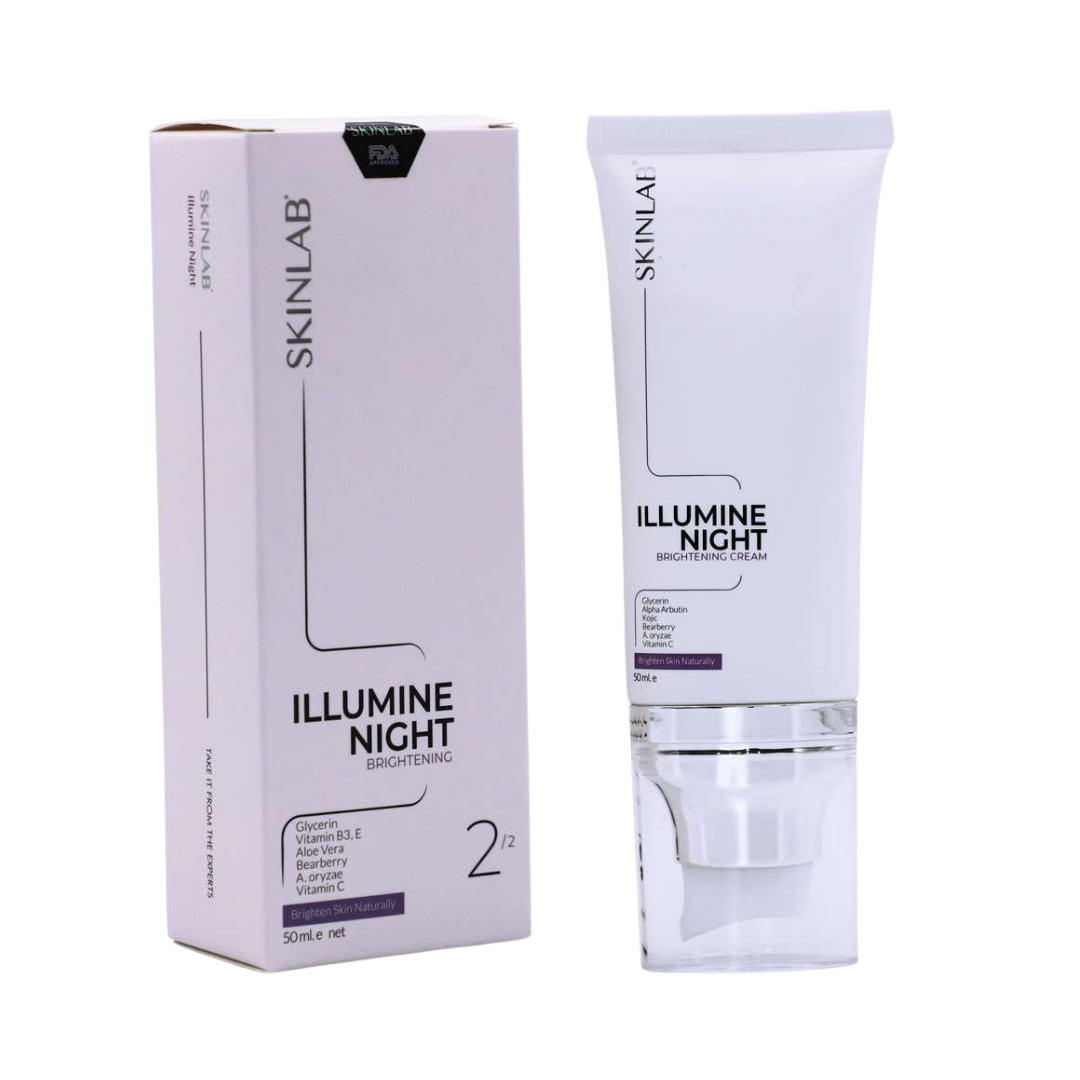SKINLAB Illumine Night Brightening Cream, 50ml, with glycerin, vitamin B3, E, aloe vera, and blueberry.
