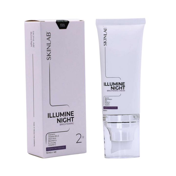 SKINLAB Illumine Night Brightening Cream, 50ml, with glycerin, vitamin B3, E, aloe vera, and blueberry.