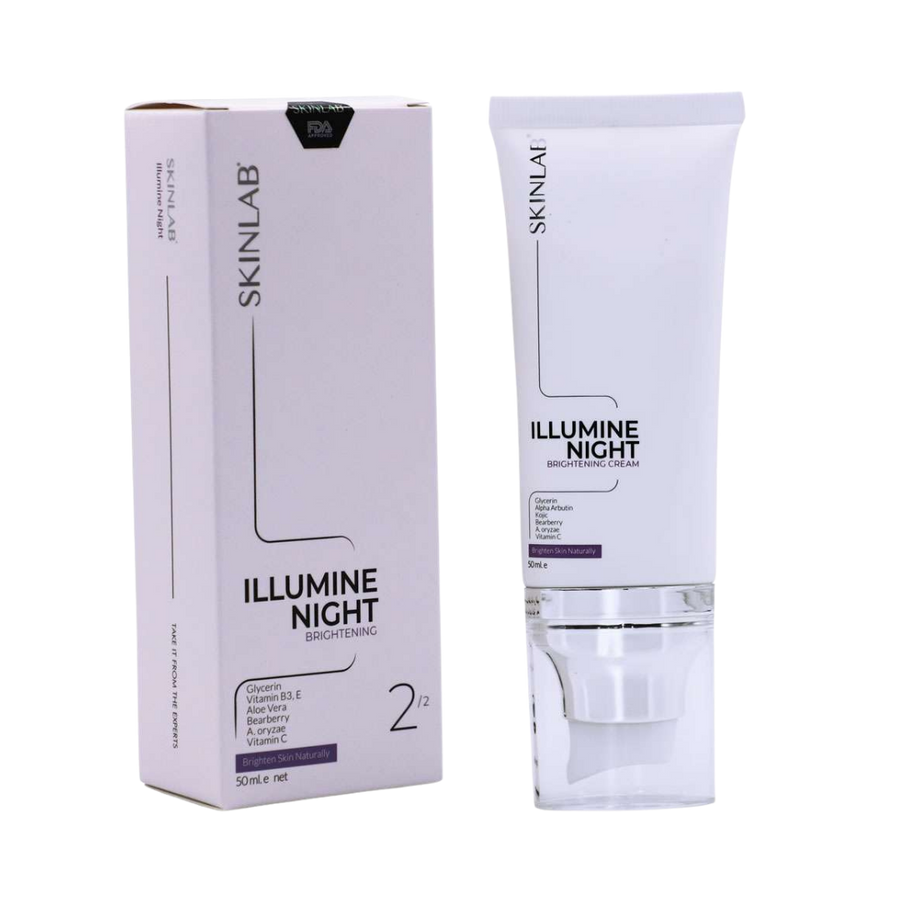 SKINLAB Illumine Night Brightening Cream, 50ml, with glycerin, vitamin B3, E, aloe vera, and blueberry.