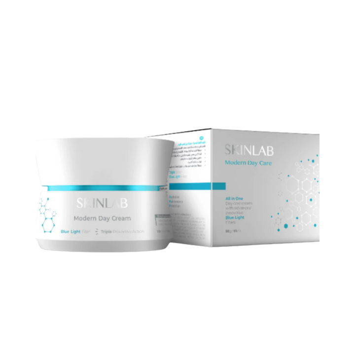 SkinLab Modern Day Cream, 50 ml, white cosmetic jar with matching box, blue light filter labeling