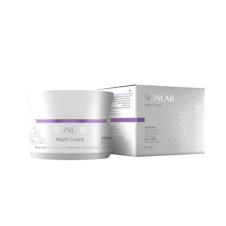 SKINLAB Night Guard cream jar with purple band and box, 50g/65ml, white packaging.
