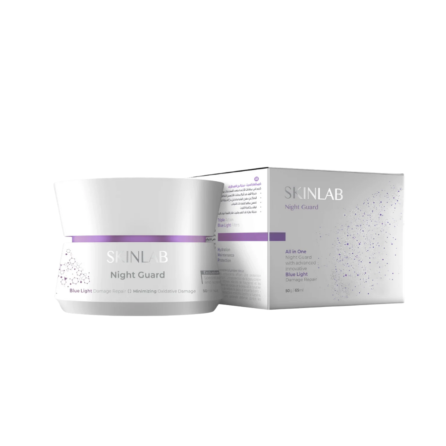 SKINLAB Night Guard cream jar with purple band and box, 50g/65ml, white packaging.
