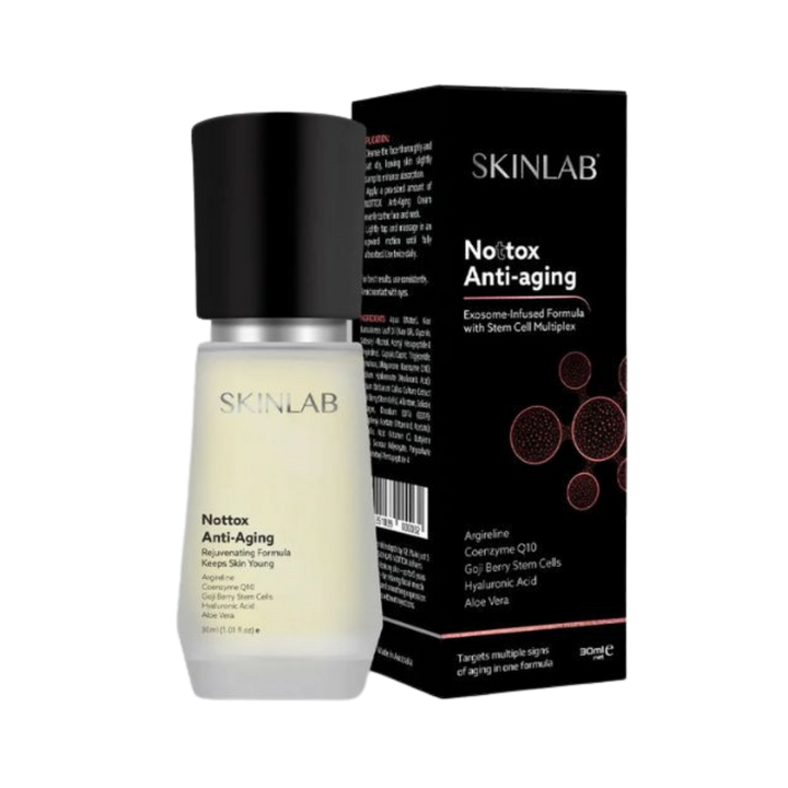 SKINLAB Nottox Anti-Aging serum 30 ml glass bottle with black pump and matching box packaging