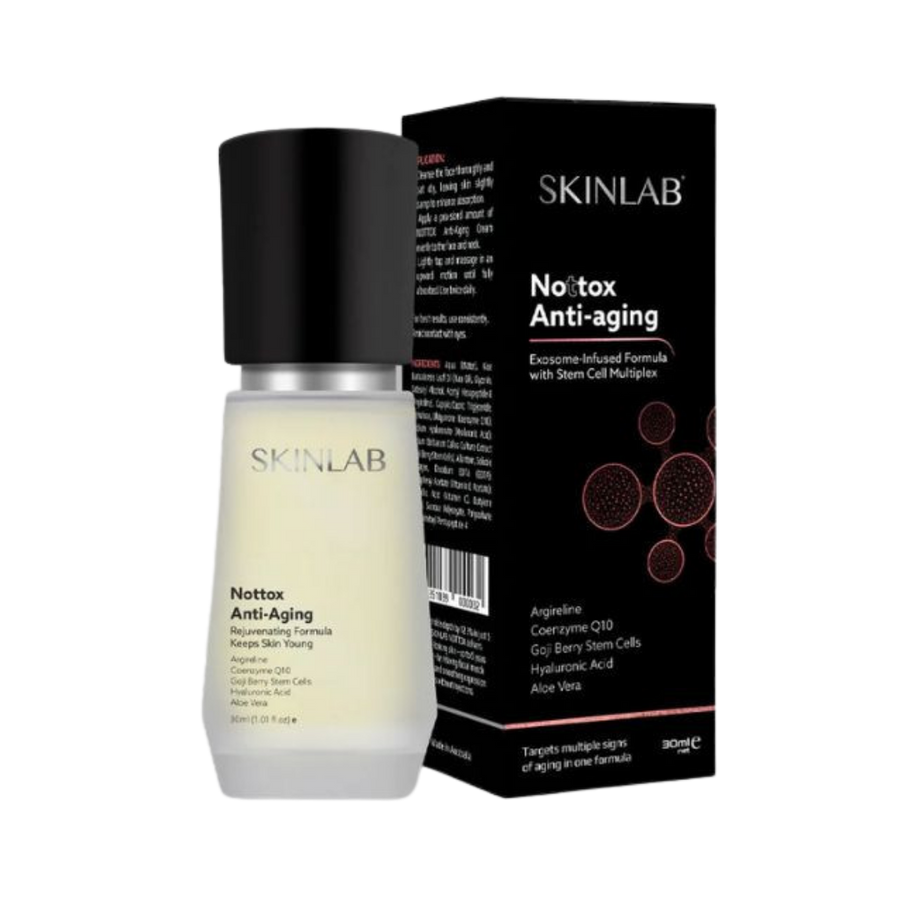 SKINLAB Nottox Anti-Aging serum 30 ml glass bottle with black pump and matching box packaging