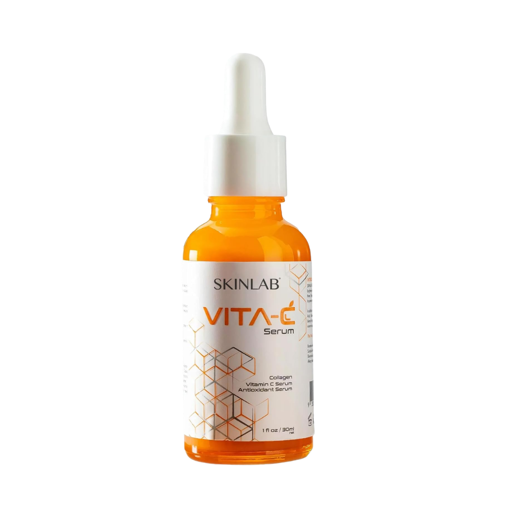 SKINLAB VITA-C Serum 30ml orange glass dropper bottle with white cap, geometric label design.
