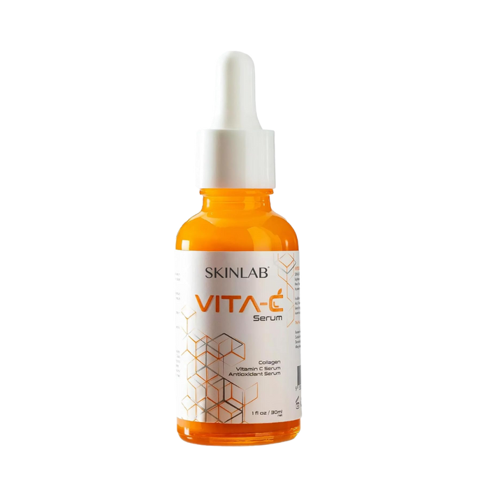 SKINLAB VITA-C Serum 30ml orange glass dropper bottle with white cap, geometric label design.
