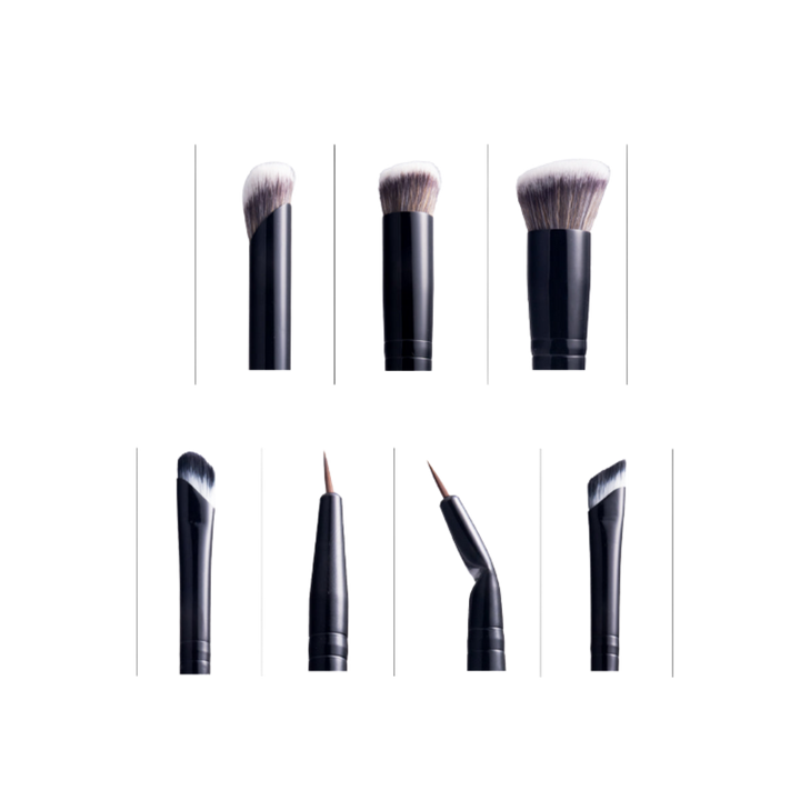 Makeup brush set with black handles and multiple angled, flat, and rounded brush heads