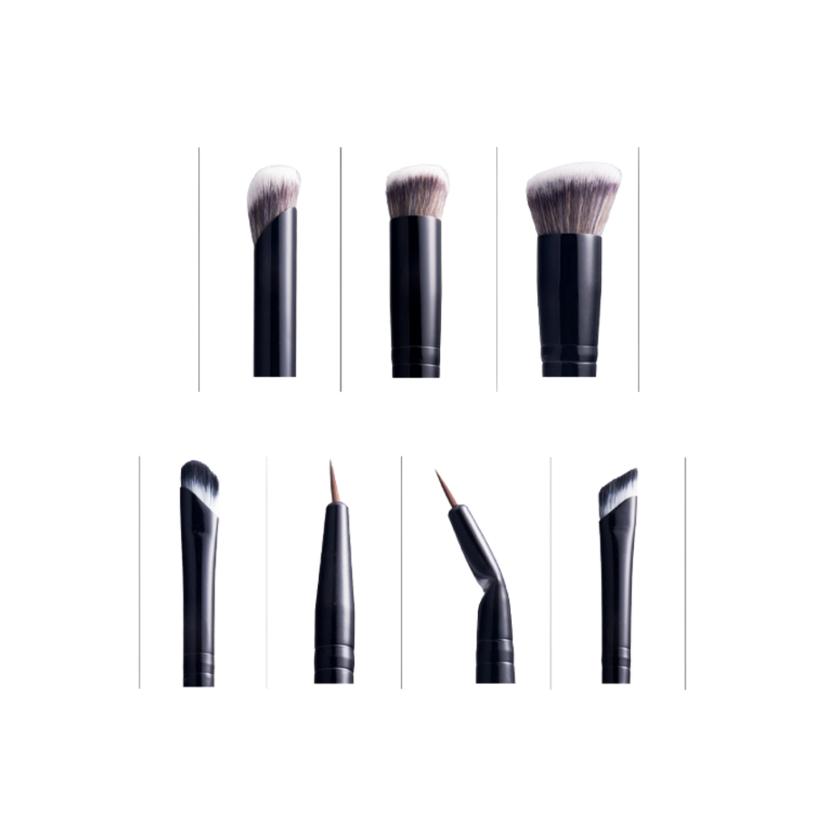 Makeup brush set with black handles and multiple angled, flat, and rounded brush heads