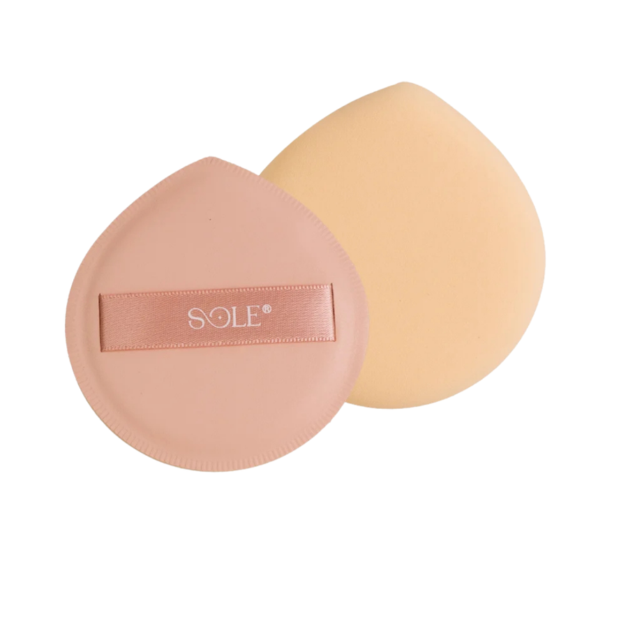 Sole Powder Puff makeup applicator beige round puff with pink ribbon strap