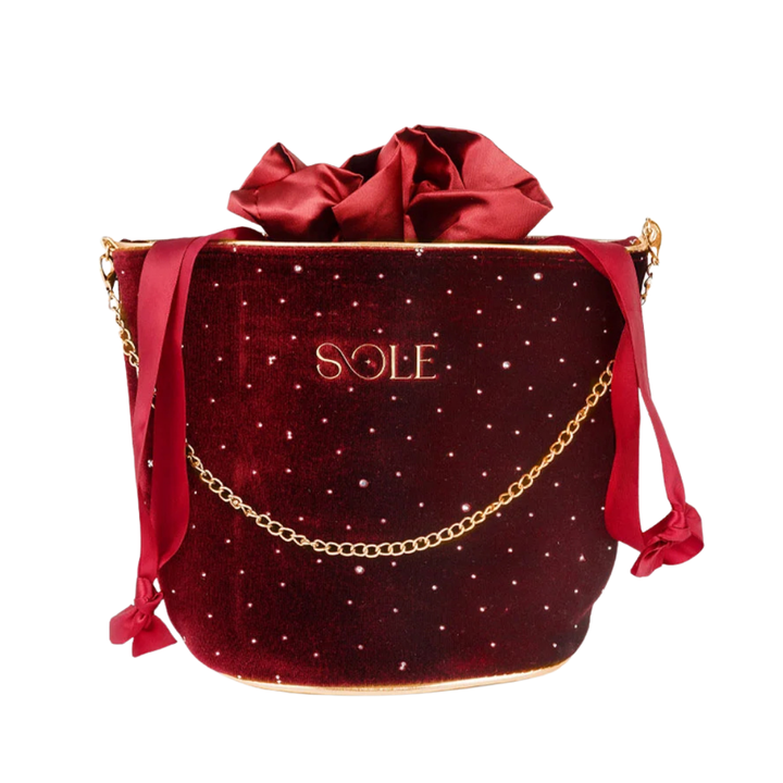 Sole red velvet makeup bag with gold chain detail and shoulder strap design