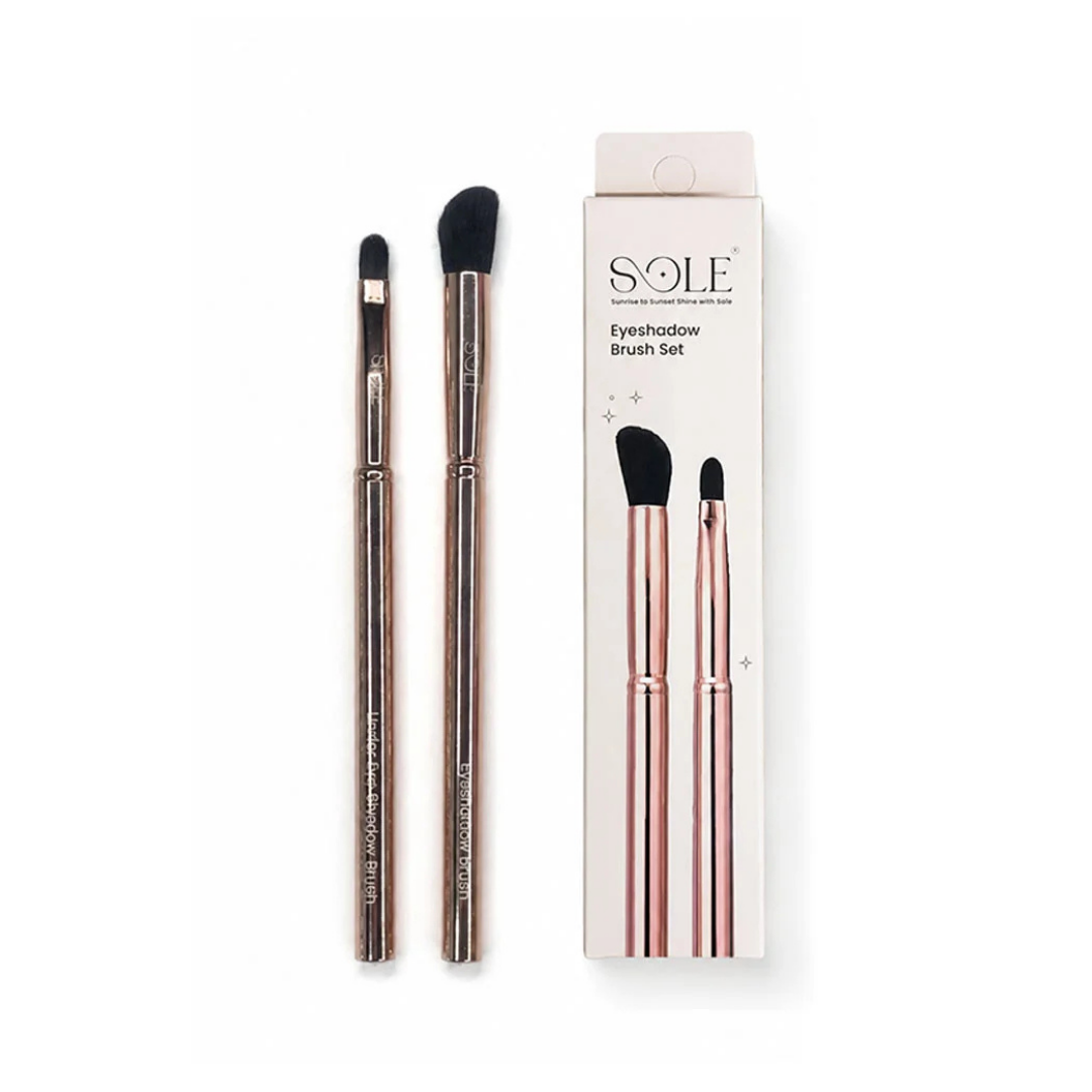 Sole Eyeshadow Brush Set 2 pieces with rose gold handles and black soft bristles packaging