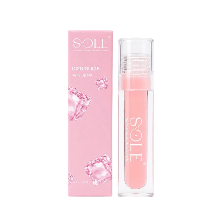 SOLE Iced Glaze Jelly Lip Oil, 3.8g, pink tube with clear cap and matching box.