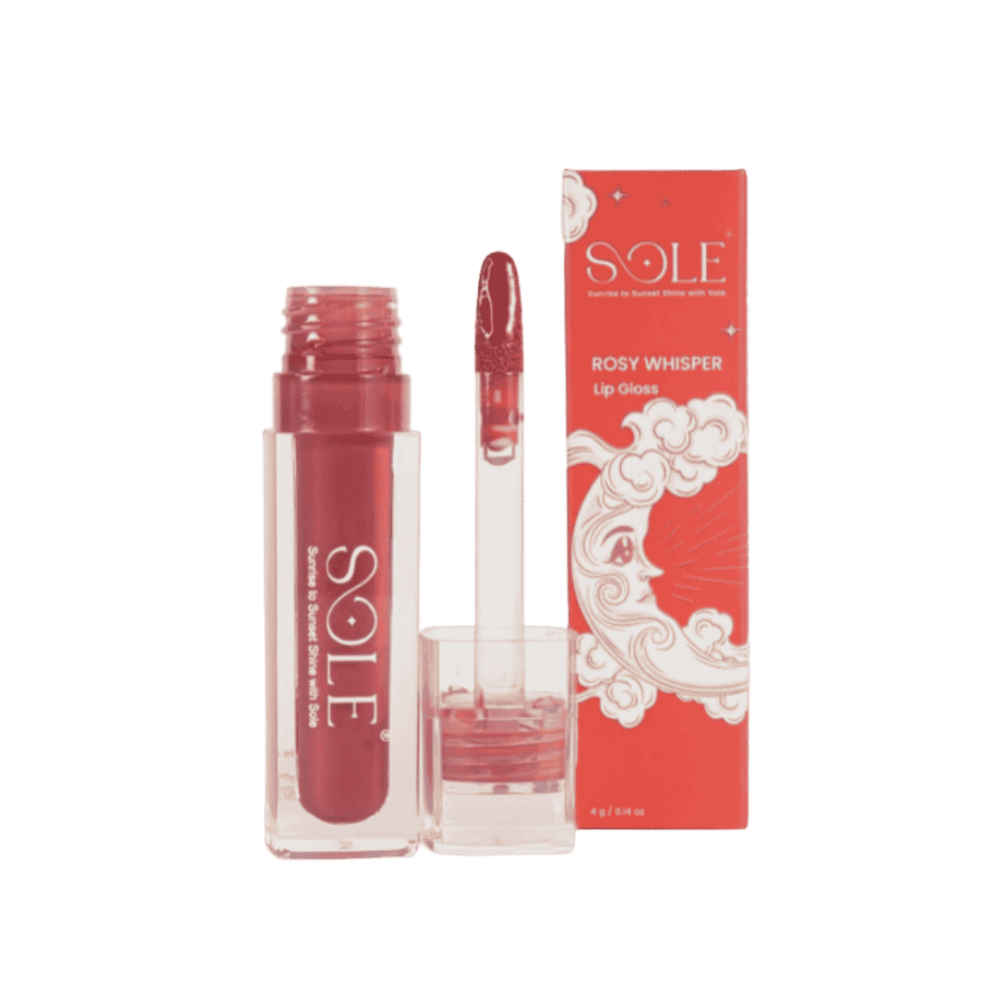Sole Rosy Whisper Lip Gloss, 4g, with clear applicator and red packaging.