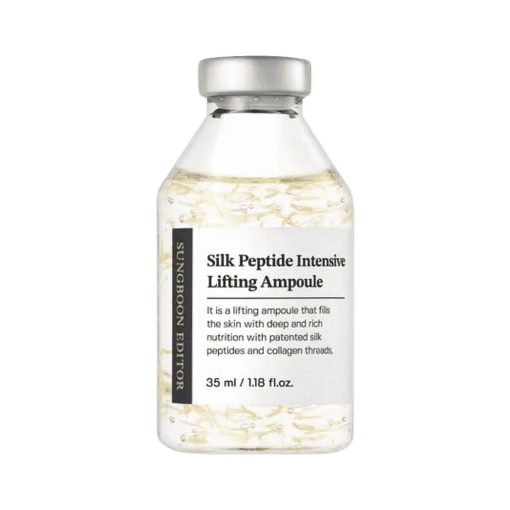 SUNGBOON Silk Peptide Intensive Lifting Ampoule, 35ml, dark brown glass bottle, pump top, clinical-tested anti-wrinkle serum for face.