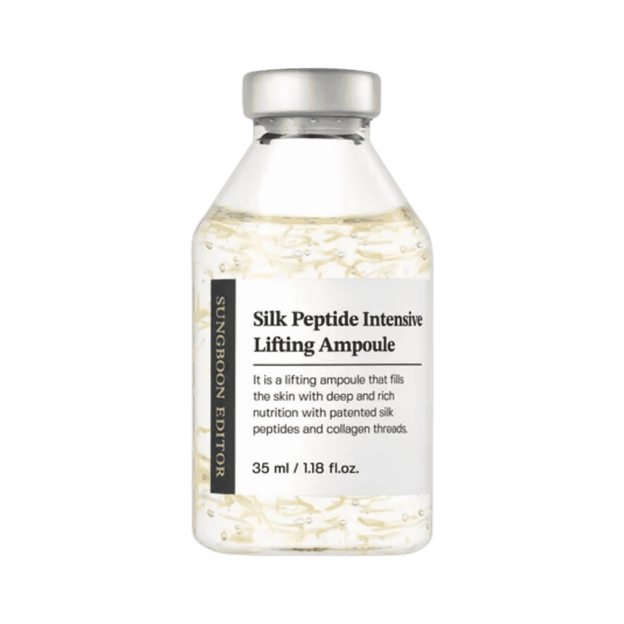 SUNGBOON Silk Peptide Intensive Lifting Ampoule, 35ml, dark brown glass bottle, pump top, clinical-tested anti-wrinkle serum for face.